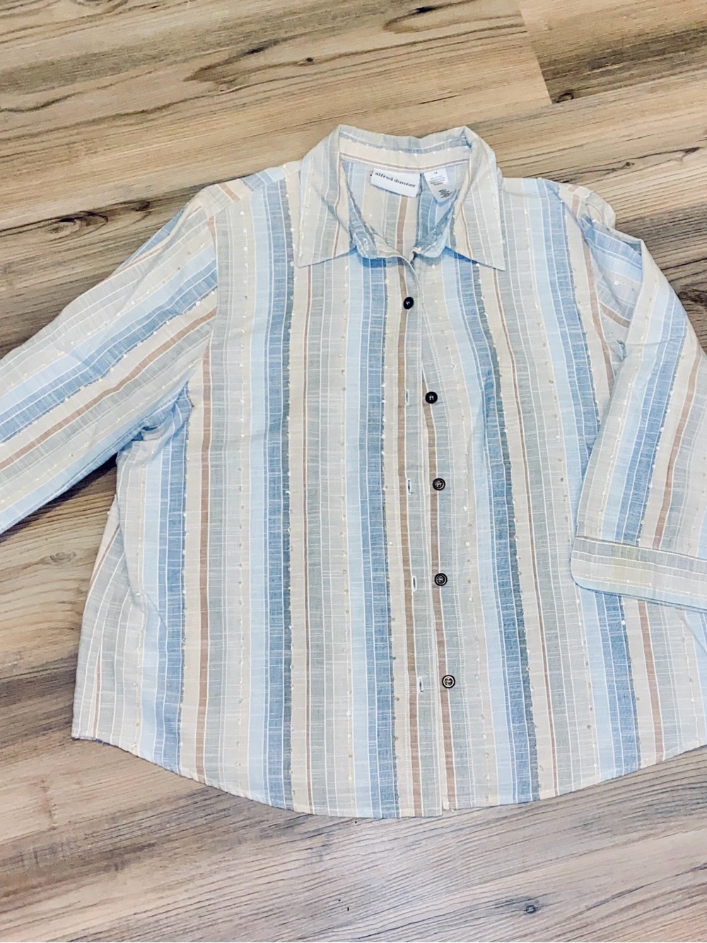 Alfred Dunner Light Blue, Cream & Tan Striped Button-Down Shirt